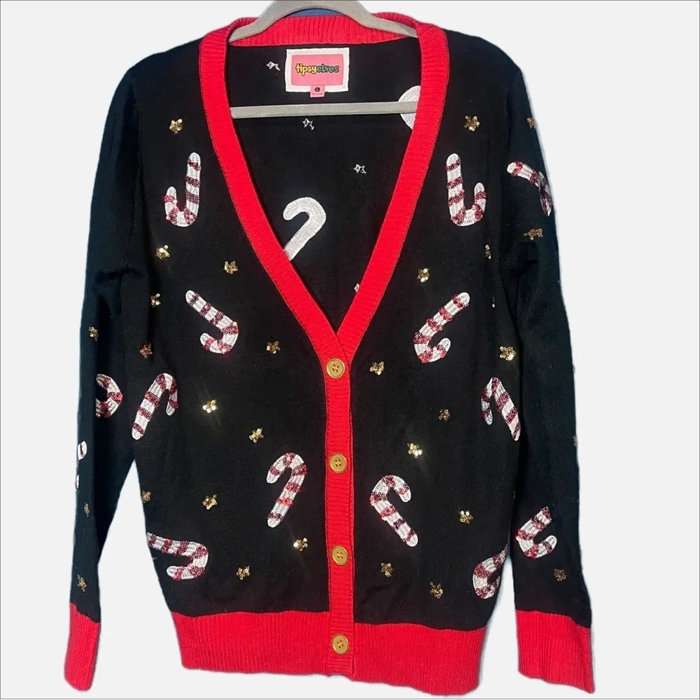 Tipsy Elves Candy Cane Cardigan Sequin Christmas Sweater Large Women’s Holiday - Picture 2 of 4